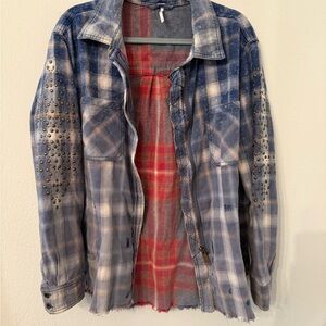 Free People Blue Plaid Jacket with Studded Sleeves